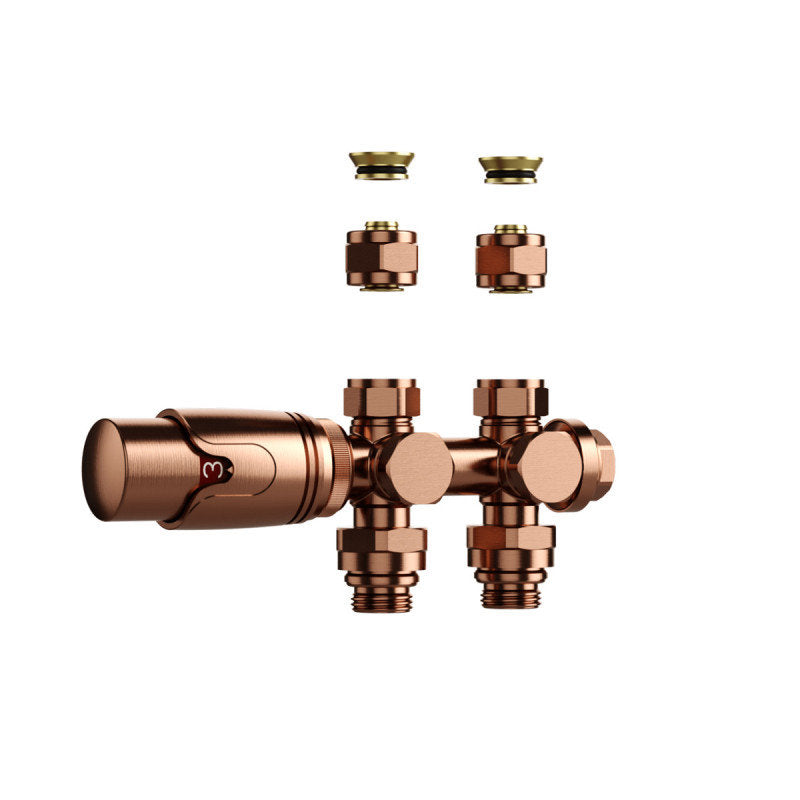 Thermostatische Heizkörperventile für Wand- und Bodenmontage in gebürstetem Kupf