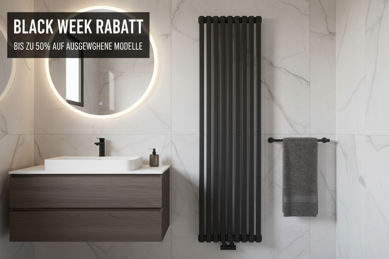 wandheizkörper in badezimmer mit slogan black week rabatt